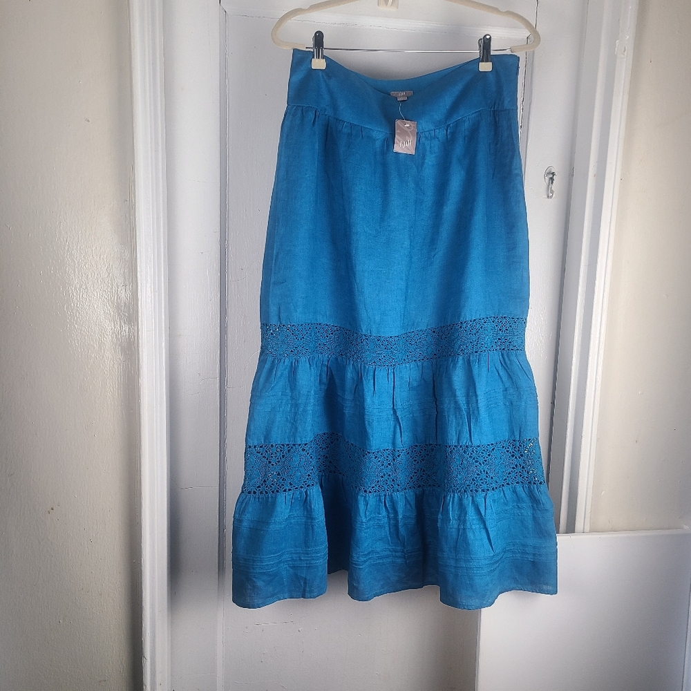J.jill Women's 100% Linen Boho Blue Long Mixi Skirt Size 10